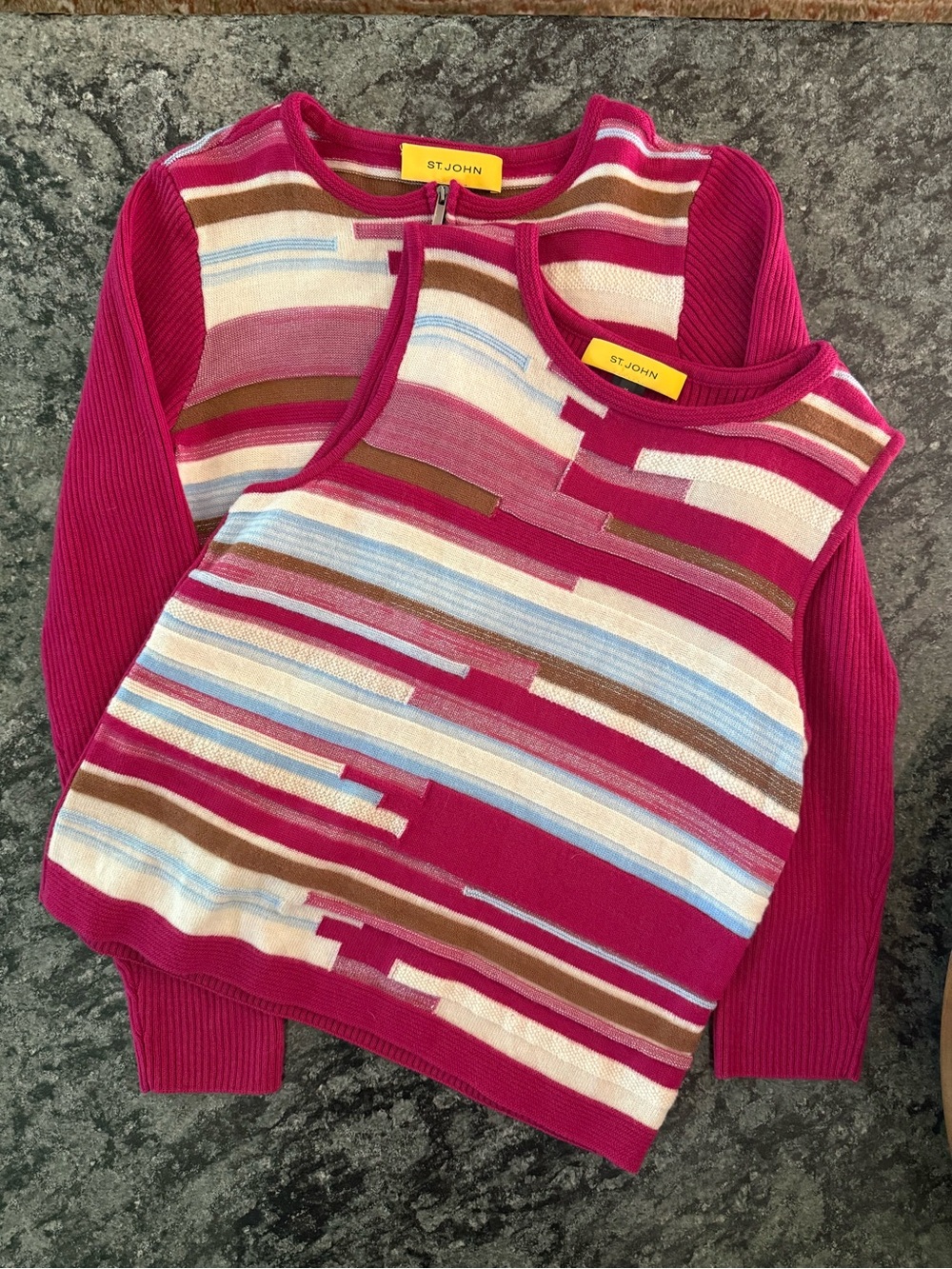 St. John Fuchsia Multicolor Striped Knit Sweater Set, size M